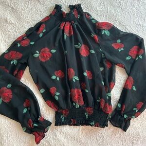 Forever 21 Sheer Black with Red Rose Women's Top